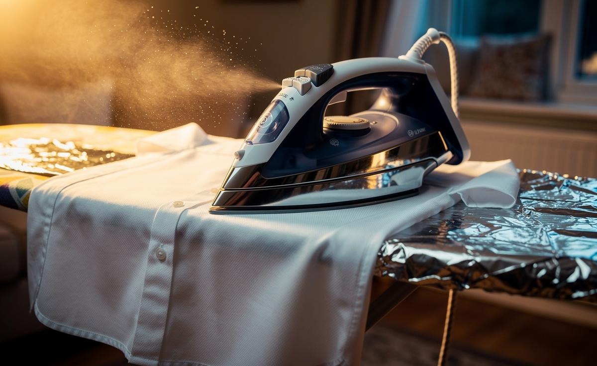 Illustration of an ironing board with aluminium foil under the cover reflecting heat for double-sided pressing