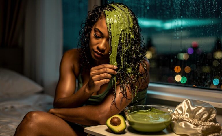 Illustration of an avocado hair mask being applied to damp hair overnight, showing monounsaturated fats penetrating the cuticle to reduce frizz.