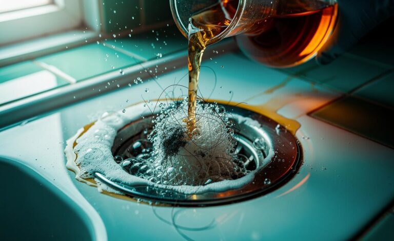 Illustration of baking soda and light oil paste applied to a sink drain, with vinegar fizz lifting hair and soap scum to restore flow