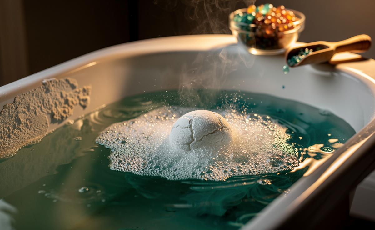 Illustration of a baking soda bath bomb fizzing in hard water, with alkalinity neutralizing calcium and magnesium to reduce soap scum
