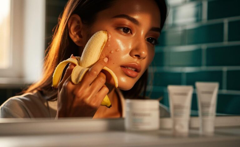 Illustration of a person applying the inner side of a ripe banana peel as a spot treatment on the face to harness enzymes for a brighter skin tone