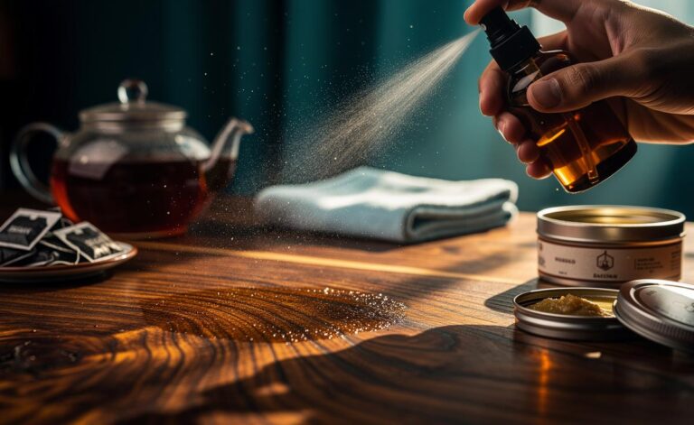 Illustration of the Black Tea Shine Spritz being applied to walnut furniture to rejuvenate the wood with tannins
