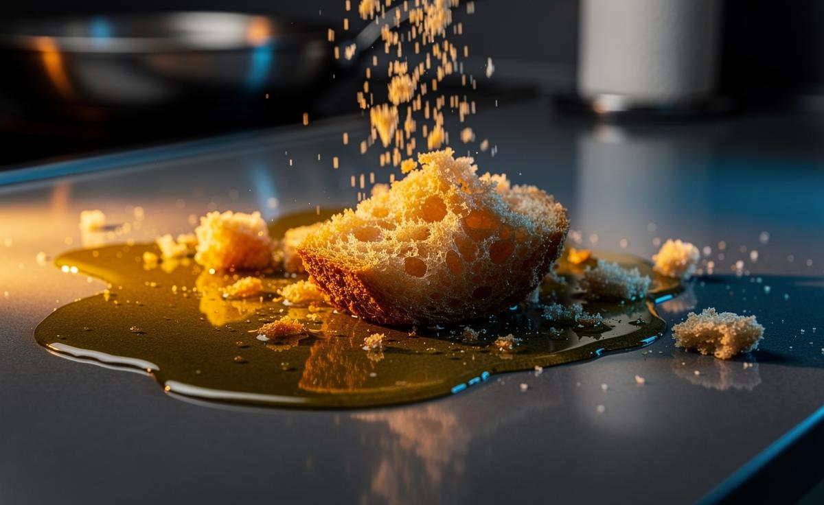Illustration of dry breadcrumbs sprinkled over a cooking oil spill, forming absorbent clumps on a kitchen countertop