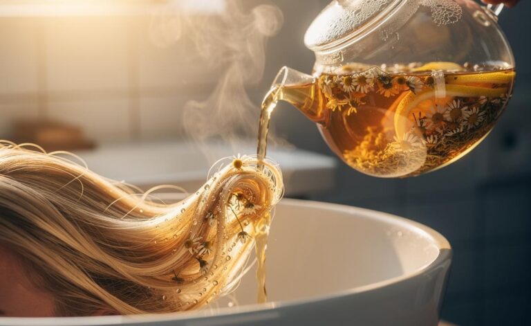 Illustration of a chamomile tea rinse being poured over blonde hair to naturally lighten strands