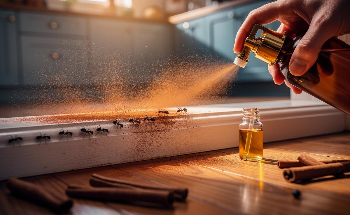 Illustration of a cinnamon spray being applied along a doorway threshold to repel ants by masking their pheromone trails