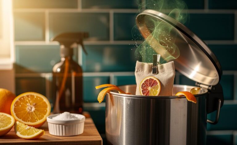 Illustration of citrus peels used as a deodorizer in a kitchen trash can, with fresh oils neutralising odours