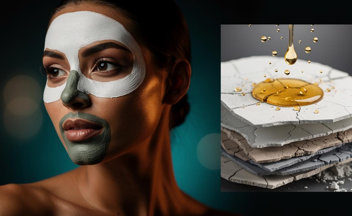 Illustration of a mineral-rich clay mask absorbing facial oils to control shine