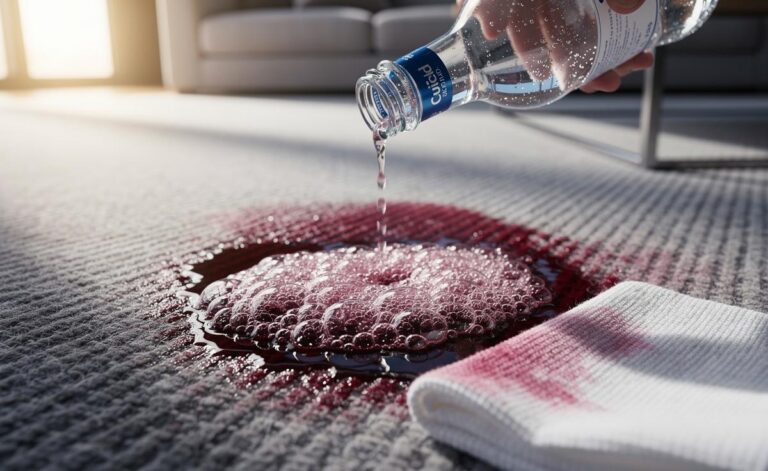 Illustration of club soda being applied to a stained carpet, with fizzing bubbles lifting dirt while a white cloth blots