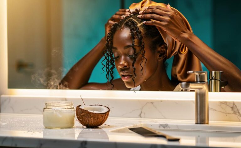 Illustration of a coconut oil hair wrap with lauric-rich oil massaged into the scalp and lengths, covered with a cap, to nourish follicles and reduce breakage