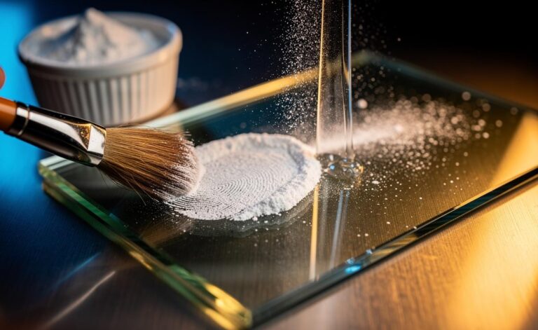 Illustration of cornstarch powder absorbing oil to remove greasy fingerprints from glass and stainless-steel surfaces