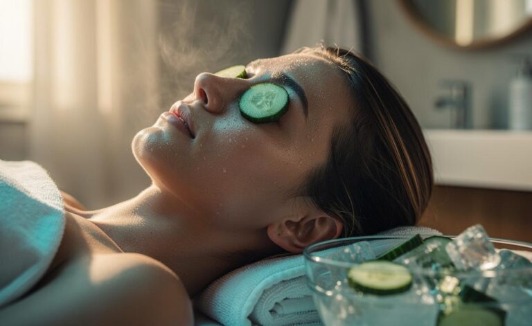 Illustration of [cucumber slices placed over closed eyelids as a cooling, hydrating mask to reduce eye puffiness]