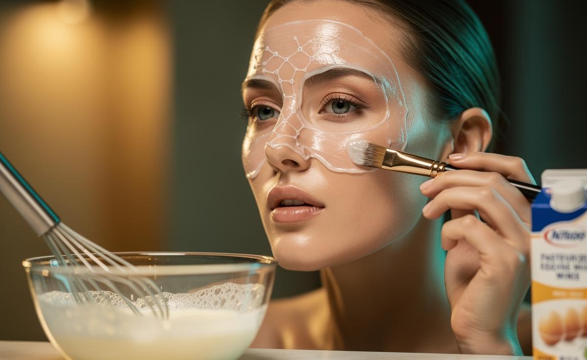 Illustration of a person applying an egg white face mask for temporary pore tightening and enhanced firmness