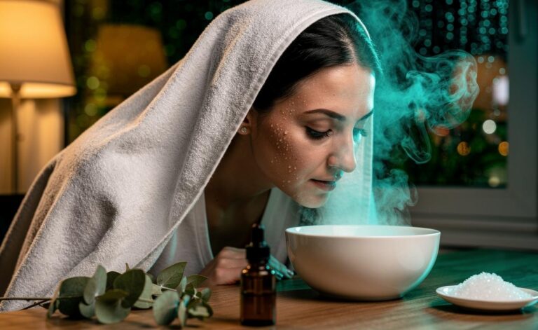 Illustration of [a person practicing eucalyptus steam inhalation with menthol to relieve sinus congestion]