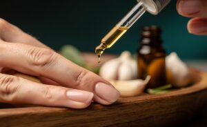 Illustration of garlic cloves and a dropper applying garlic-infused oil to fingernails to strengthen brittle nails