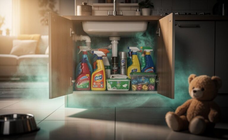 Illustration of common household cleaners, disinfectant wipes and air fresheners under a kitchen sink releasing chemical vapours, with hazard symbols referencing VOCs, quats and PFAS