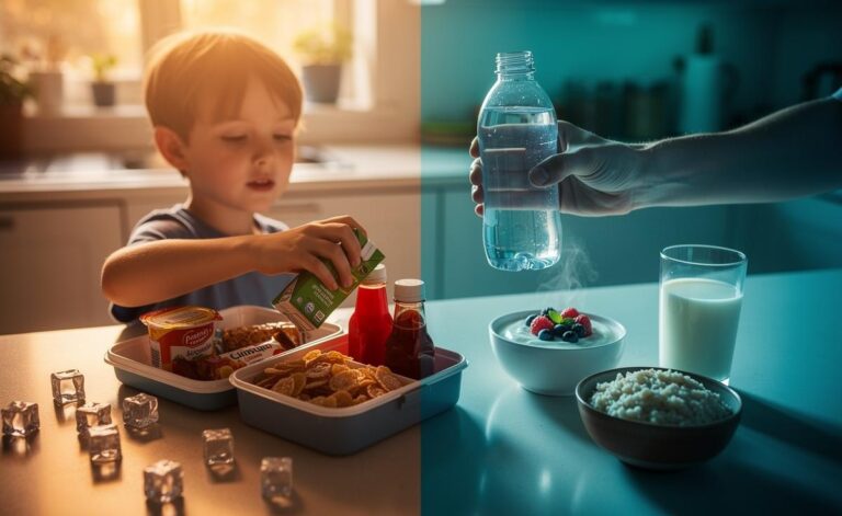 Illustration of hidden sugars in children’s everyday foods and their effects on energy, teeth, and mood