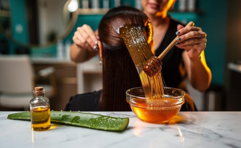 Illustration of a honey hair mask using natural sugars to deep condition and revive damaged hair