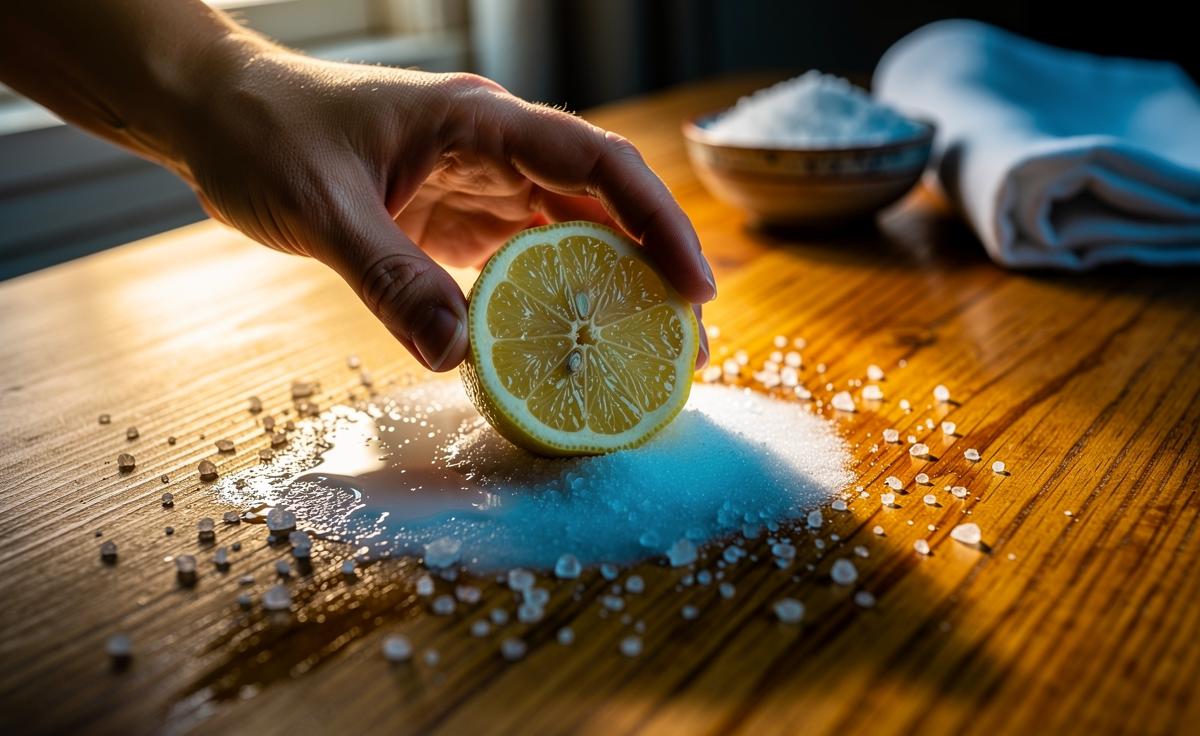 Illustration of a cut lemon and salt being used to lift stains from a wooden tabletop