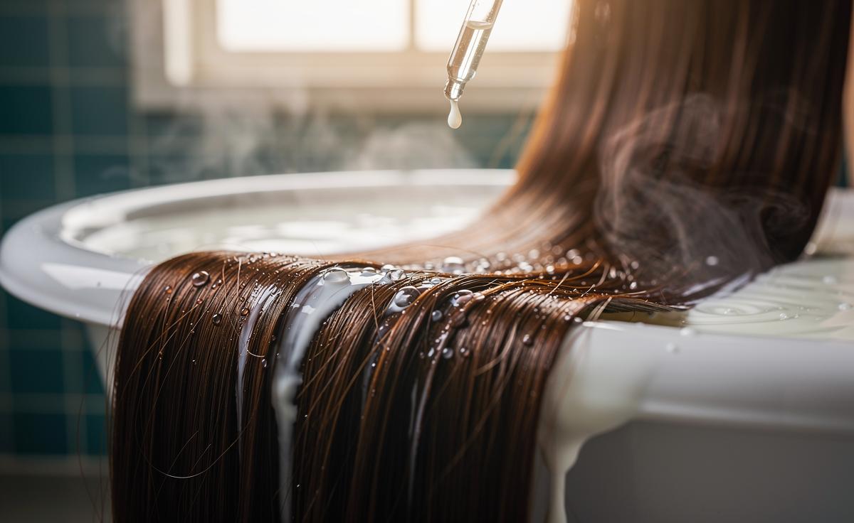 Illustration of a milk bath hair treatment showing how fatty acids nourish and restore hair shafts