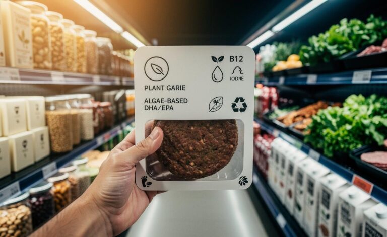 Illustration of the new 2026 UK plant-based diet rules with clear food labelling, key nutrients, and sustainable sourcing
