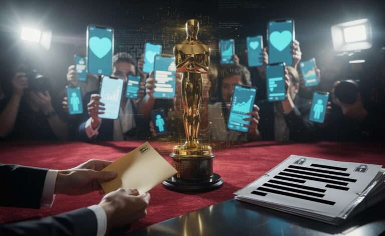 Illustration of the next big Hollywood scandal as insiders expose quiet cash in awards campaigns, overbroad NDAs, and AI-inflated buzz