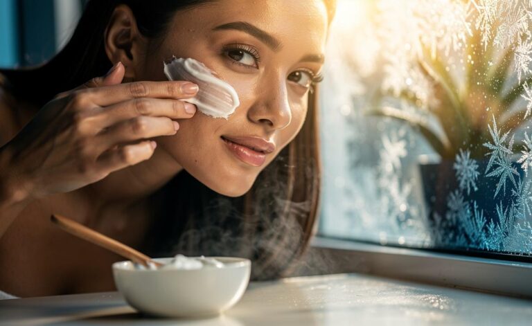 Illustration of plain yogurt being applied as a lactic acid face mask to hydrate dry skin