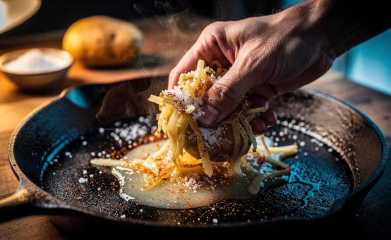Illustration of potato peels scrubbing rust from a cast iron skillet with coarse salt, showing starch lifting rust flakes