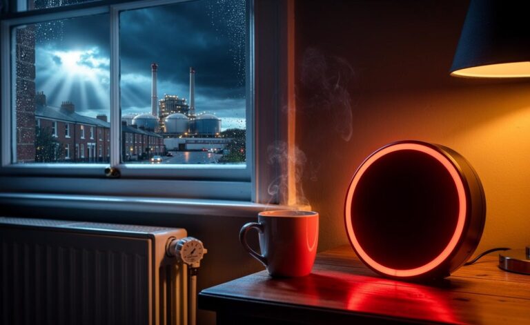 Illustration of the factors behind high UK energy bills including gas price exposure, rising standing charges, and leaky, inefficient homes