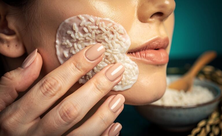 Illustration of a fine-grained rice exfoliant gently buffing away dullness to reveal brighter skin