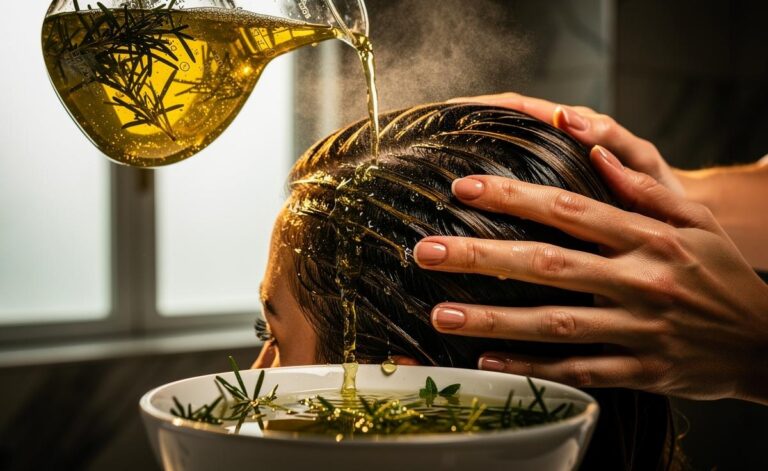 Illustration of a rosemary infusion hair rinse being applied to the scalp to strengthen weak hair