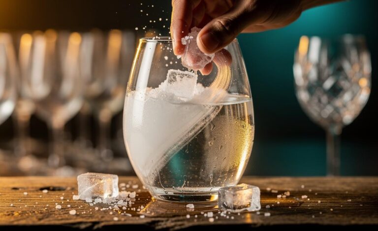 Illustration of the salt and ice polish technique restoring clarity to cloudy glassware by swirling coarse salt and ice in a wine glass