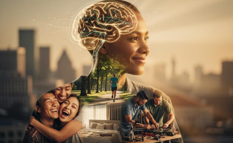 Illustration of the science of happiness, covering brain research, evidence-based habits, the limits of money, and the strength of relationships