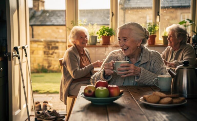 Illustration of a smiling centenarian sipping tea and chatting with friends after a leisurely walk, embodying routine, social connection, and gentle daily movement for longevity