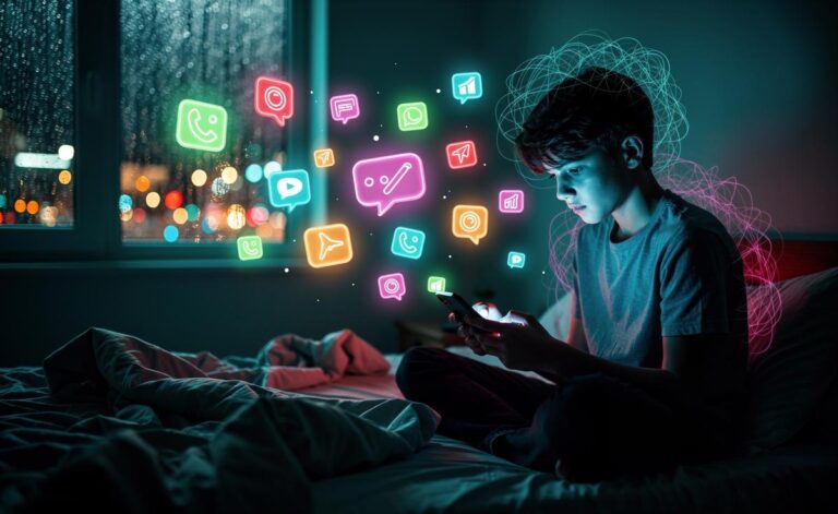 Illustration of the link between social media use and mental health declines in 2026