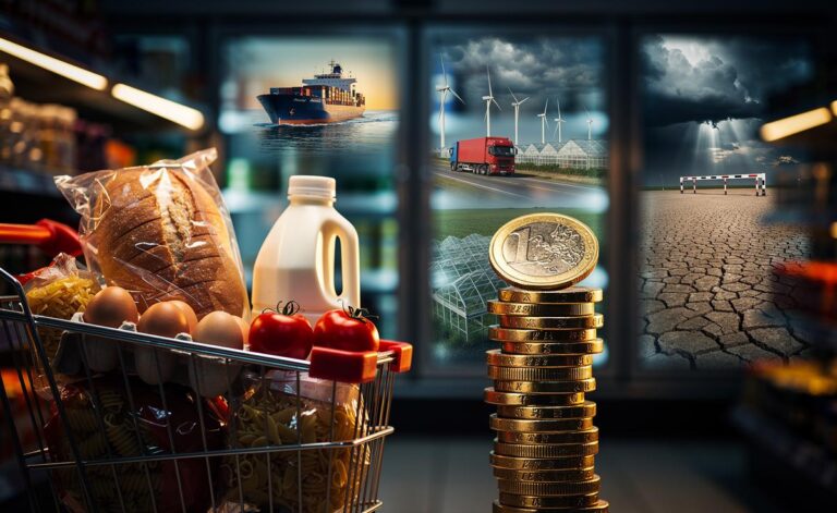 Illustration of rising UK grocery prices in 2026 driven by hidden supply-chain costs, energy and wage pressures, border checks, and climate shocks