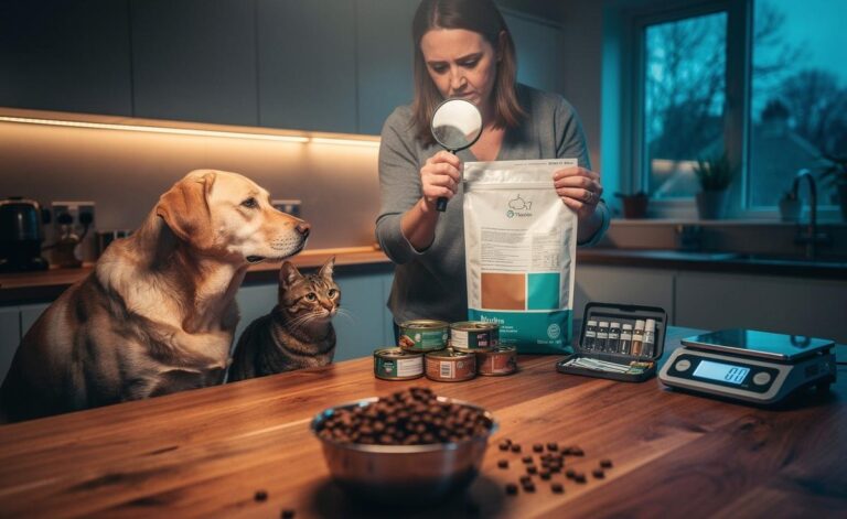 Illustration of a pet owner scrutinising pet food packaging, labels, and a bowl to understand what is inside