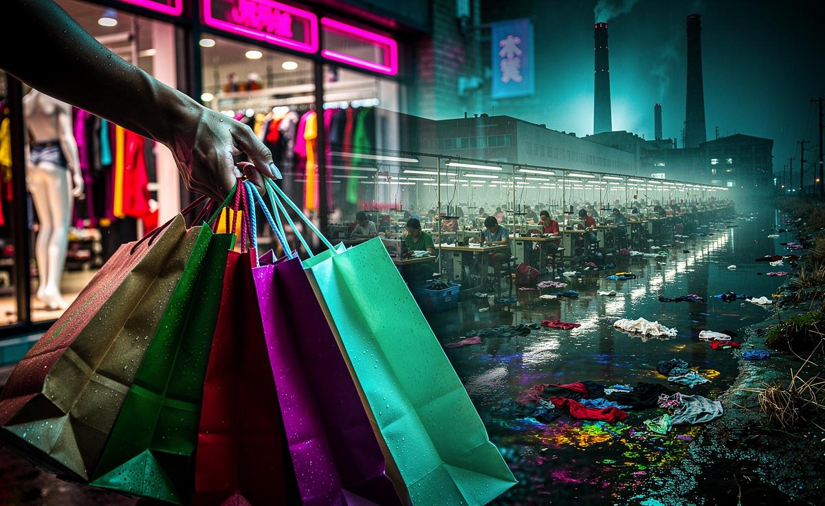 Illustration of the hidden social and environmental costs of fast fashion.