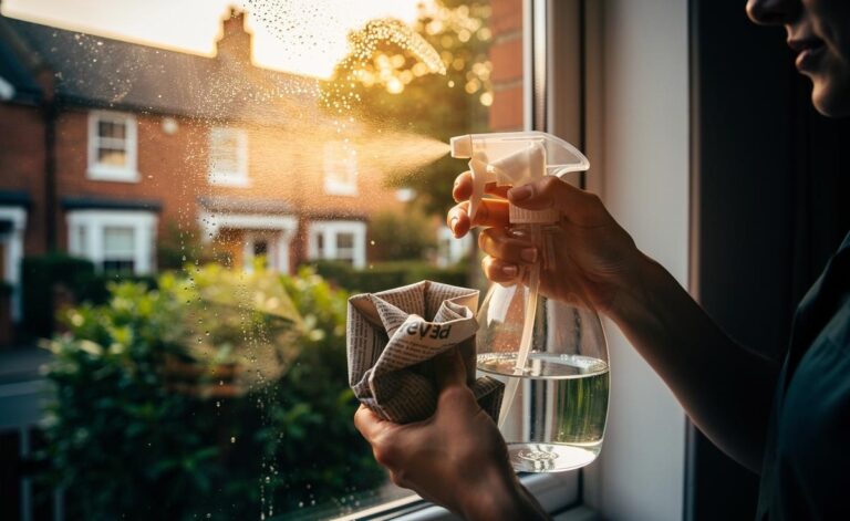 Illustration of a window being cleaned with a vinegar solution and newspaper for a streak-free finish