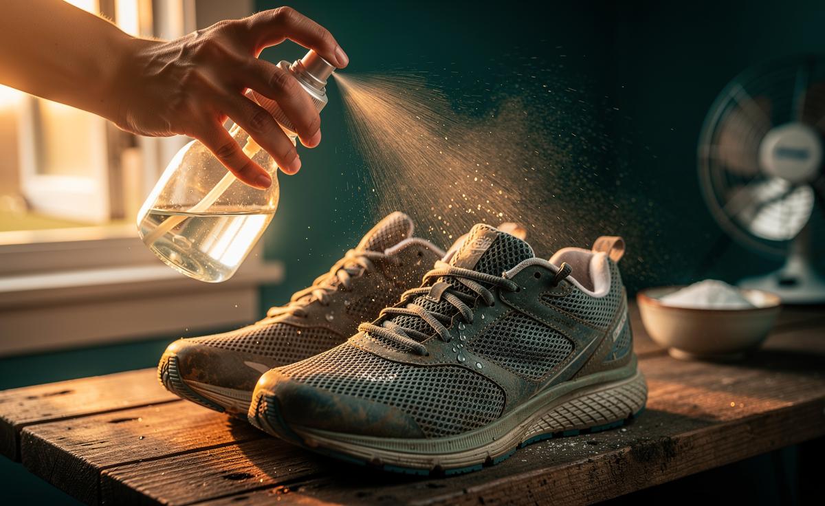 Illustration of a water-and-vinegar solution being sprayed inside shoes to deodorise them quickly using acidity