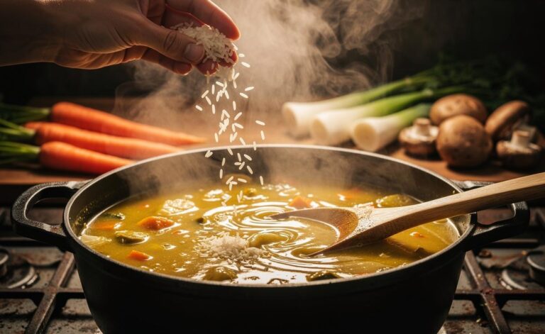 Illustration of rice grains being stirred into a simmering soup to absorb excess liquid and achieve ideal consistency
