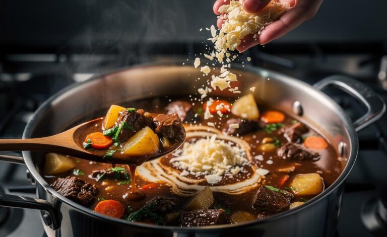Illustration of instant mash potato flakes being sprinkled into a simmering stew to absorb liquid and thicken quickly for ideal consistency