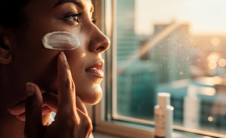 Illustration of a person applying broad-spectrum sunscreen to their face by a sunlit window to prevent UVA-driven photoageing