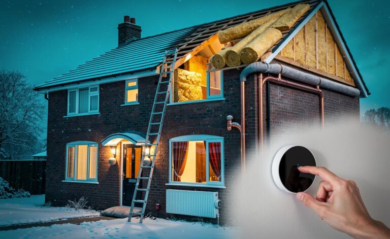 Illustration of a UK home being winterised with loft insulation, draught-proofing, smart heating controls, and pipe lagging for the 2026 cold season