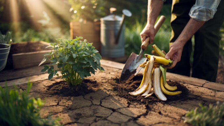 Illustration of banana peels being mixed into dry garden soil to improve moisture retention and support vigorous plant growth