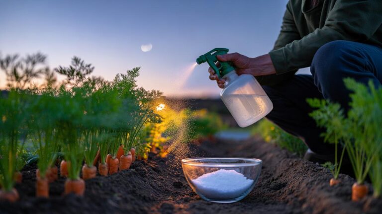 Illustration of a gardener applying an Epsom salt foliar spray to carrot tops at dusk to boost magnesium for overnight root growth