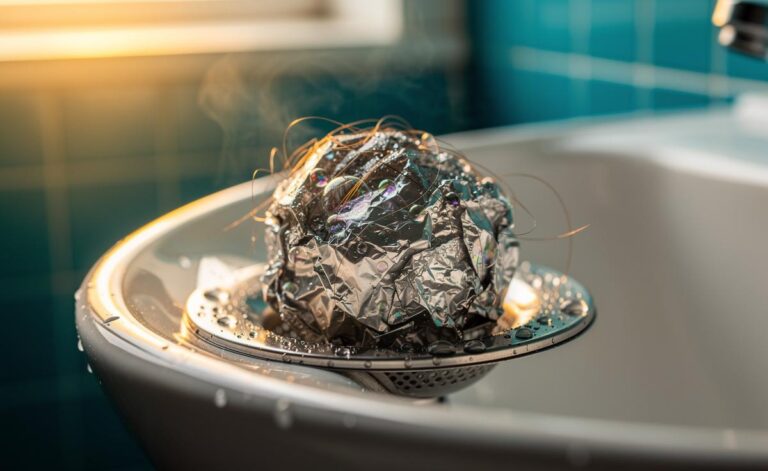 Illustration of an aluminium foil ball placed at a sink plughole to trap hair and gunk overnight