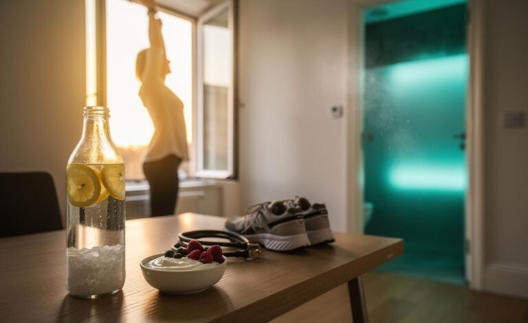 Illustration of non-caffeinated energy-boosting habits: morning light exposure, brief cold-water rinse, 2-minute movement breaks, smart hydration with salt and citrus, and protein-and-fibre snacks