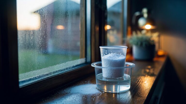 Illustration of salt desiccant traps absorbing indoor moisture to prevent mould.