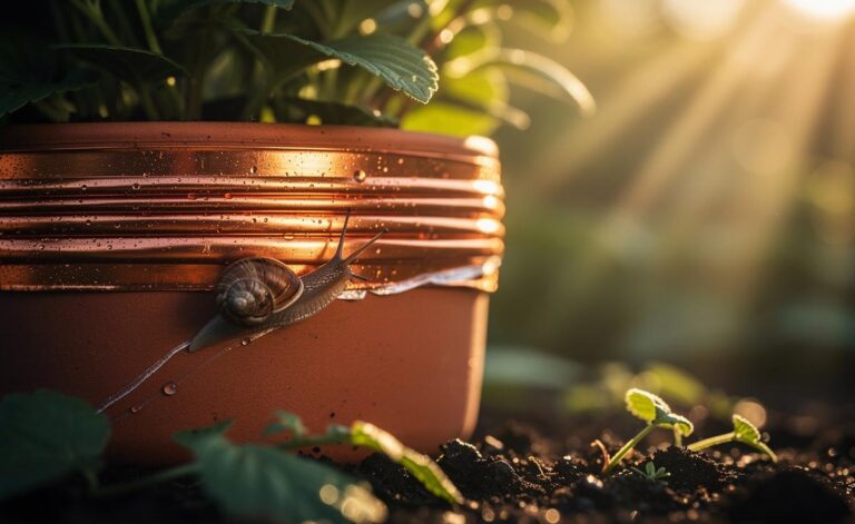 Illustration of copper tape forming a barrier around a garden pot to repel snails.