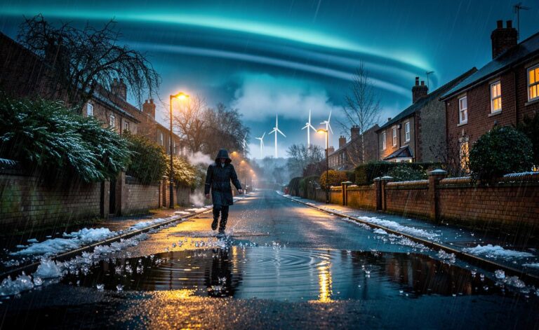 Illustration of the United Kingdom experiencing unusual winter patterns with jet stream whiplash, atmospheric rivers, flooding, and brief cold snaps